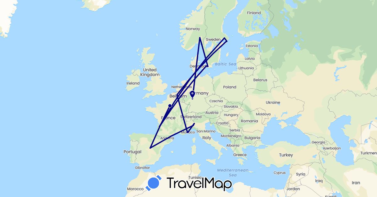 TravelMap itinerary: driving in Belgium, Germany, Denmark, Spain, France, Italy, Monaco, Norway, Sweden (Europe)